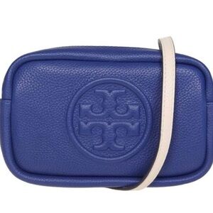 Tory Burch Perry Bombe Mini Cobalt Leather Camera Bag with Cream Strap
